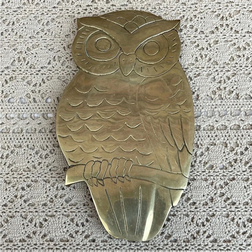 Vintage Solid Brass Owl Footed Trivet Hot Plate Retro Decor
